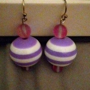 HANDMADE LARGE BOWL EARRINGS DANGLE ONE AND A HALF INCH LAVENDER AND WHITE